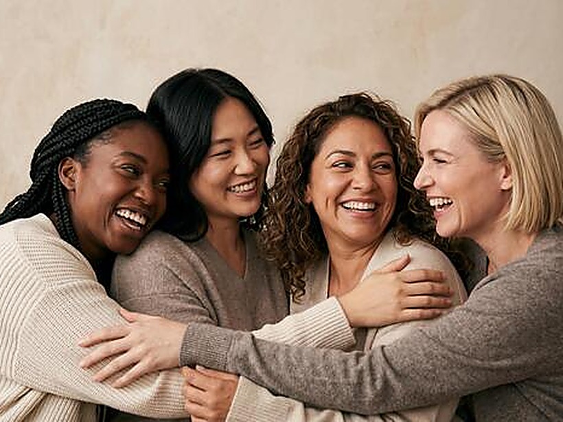 Grupo de mulheres se abraçando e sorrindo